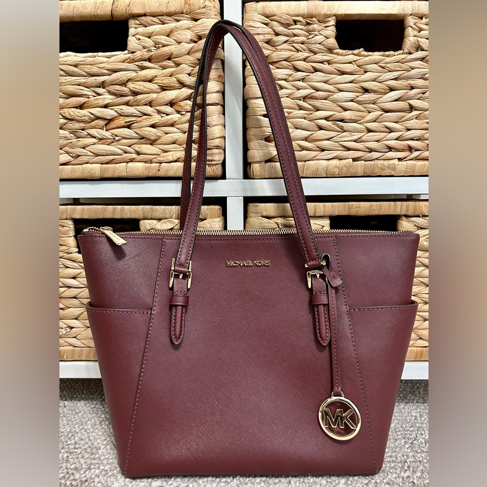 Michael Kors Charlotte Large Saffiano Leather Top Zip Tote in Merlot